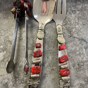 Handcrafted Red Swirl Beaded Serving Fork and Spoon Set